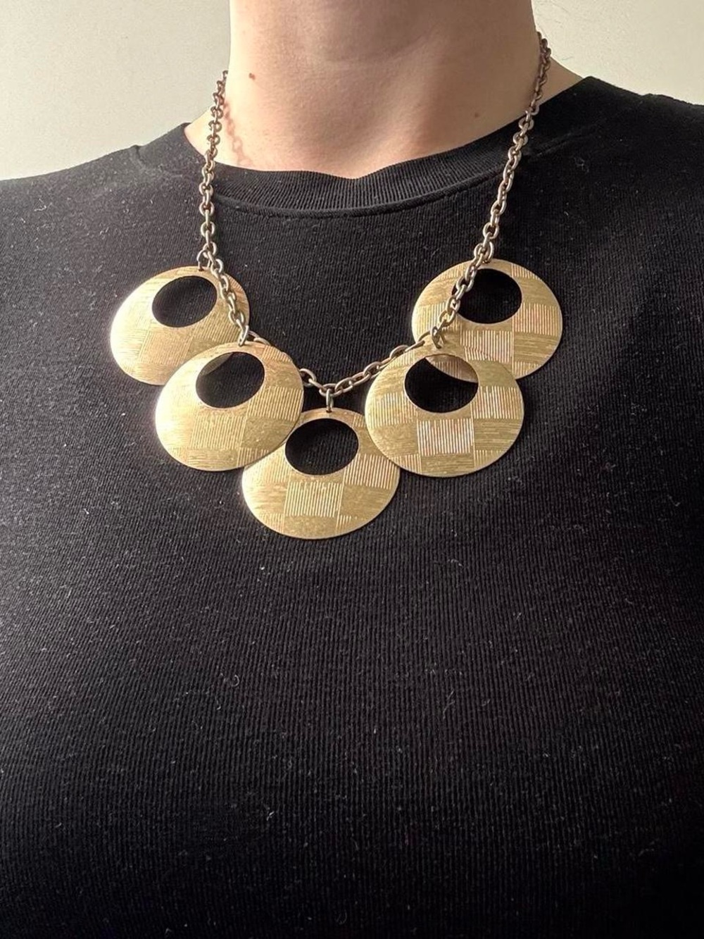 Etched gold circle medallion statement necklace